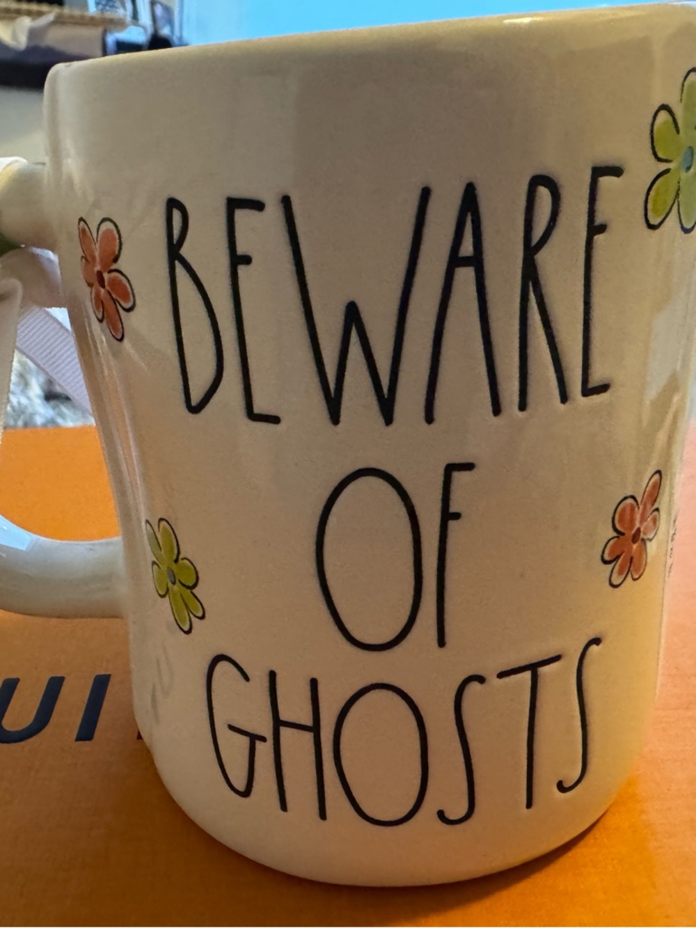 'Beware of Ghosts' White Ceramic Rae Dunn Mug with Floral Accents